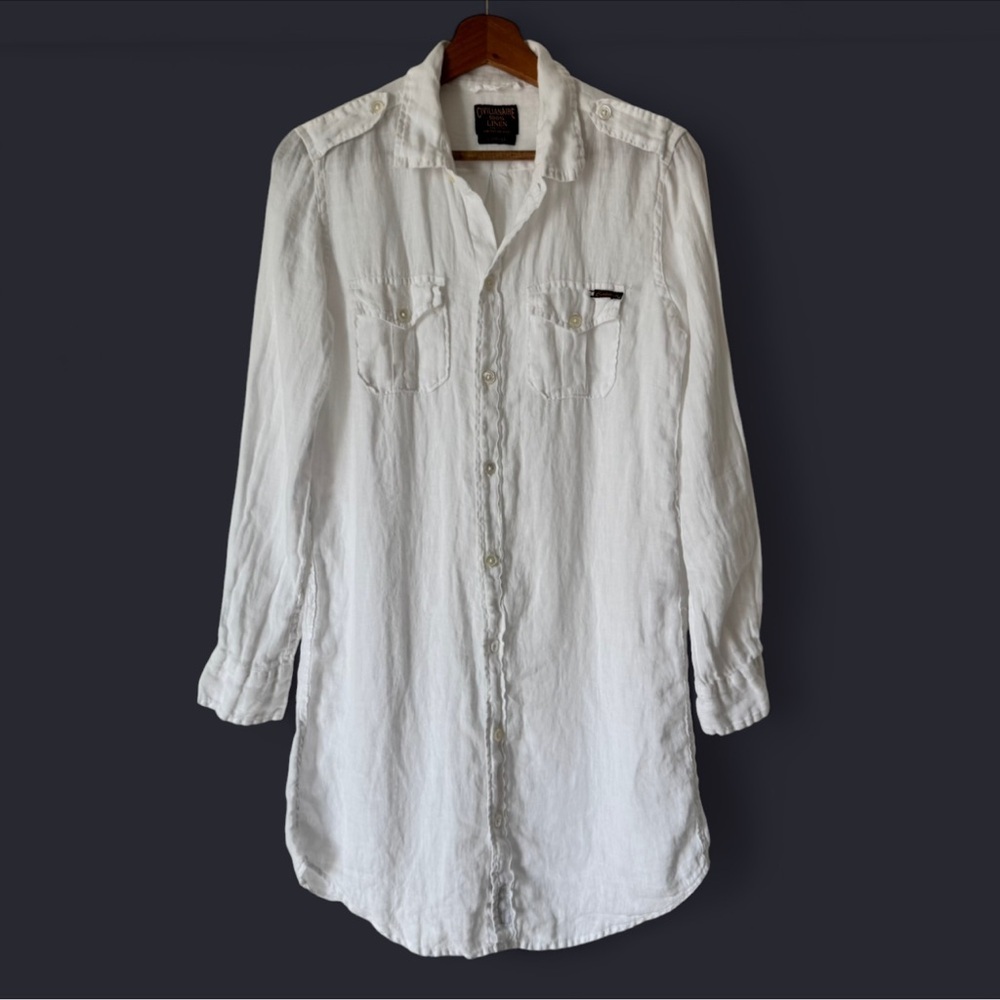 Civilianaire Long Sleeve Officer White Linen Shirt Dress Size XS